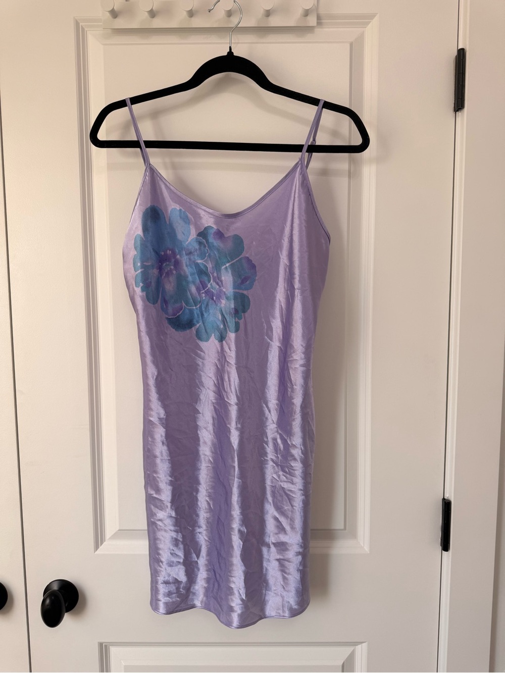 Vintage Lavender Satin Slip Dress with Blue Floral Print